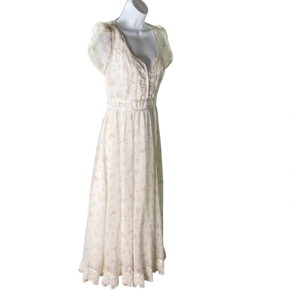 Gunne Sax Jessica Vintage Dress M Floral Chiffon Maxi Flutter Sleeve Cottagecore - Picture 6 of 15